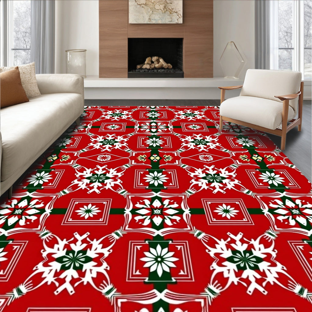 Crimson White Green Floral Square Rug