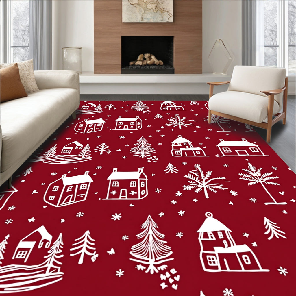 Winter Village Red White Landscape Rug