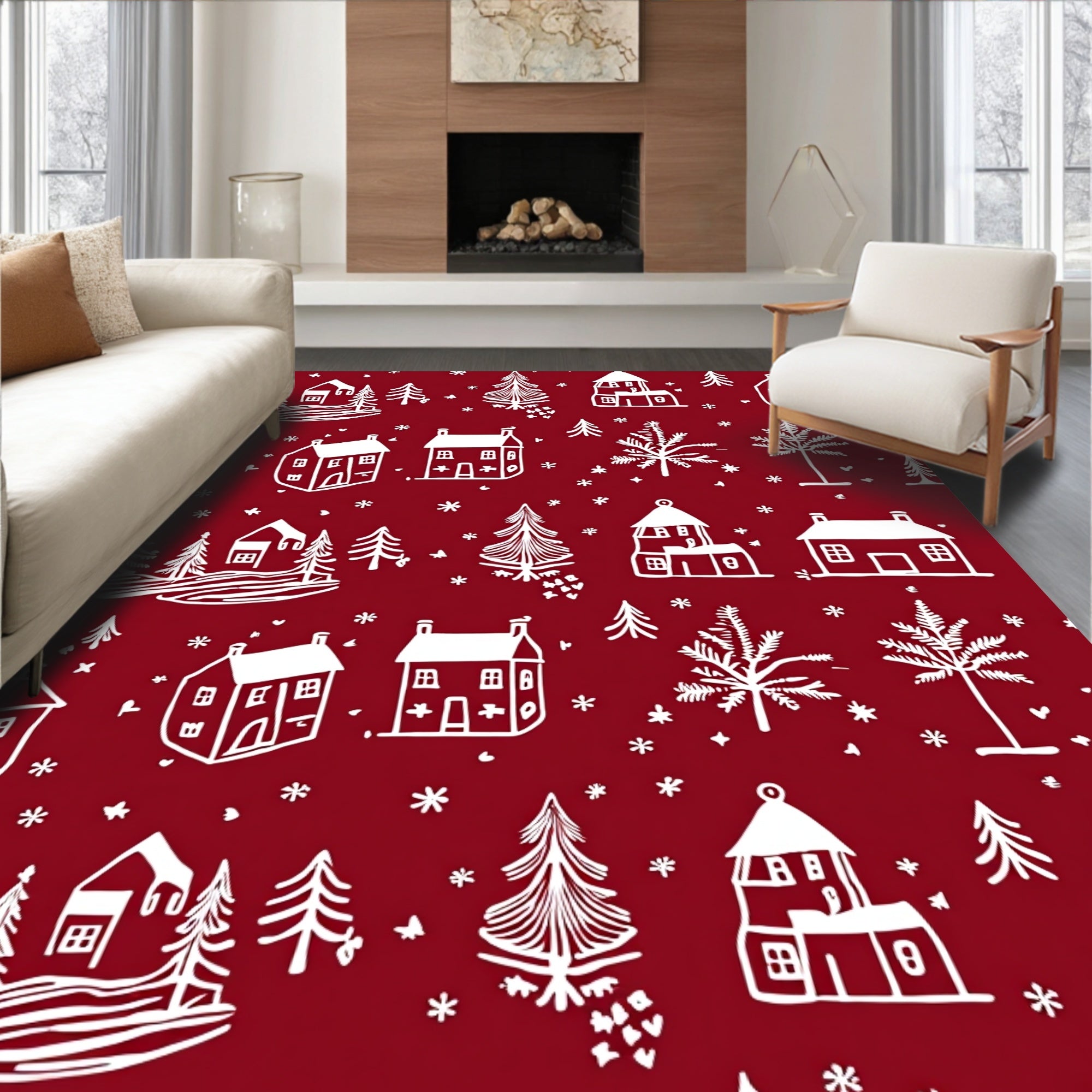 Winter Village Red White Landscape Rug