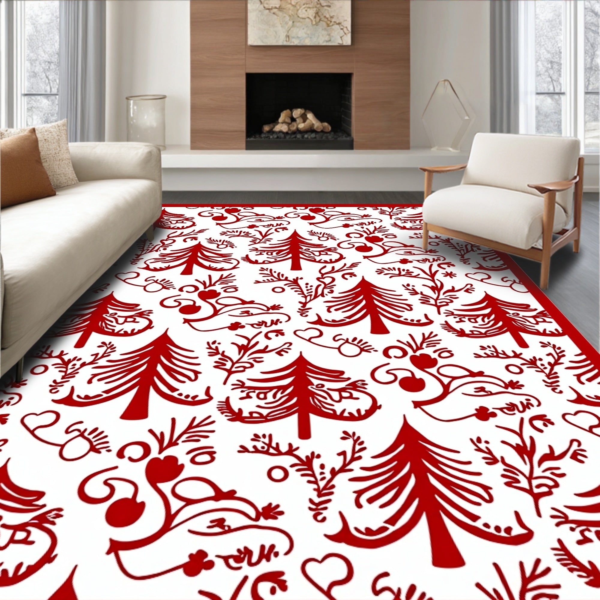 Whimsical Red Christmas Tree Floral Rug