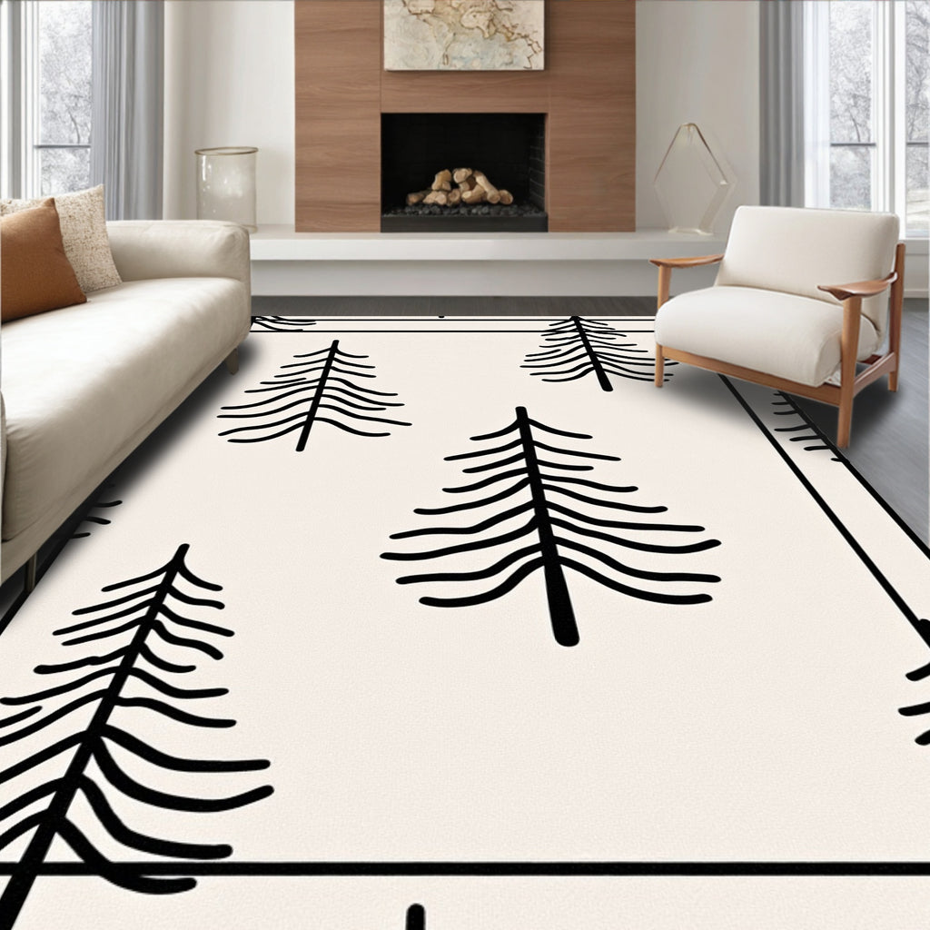 Minimalist Black Pine Trees Cream Rug