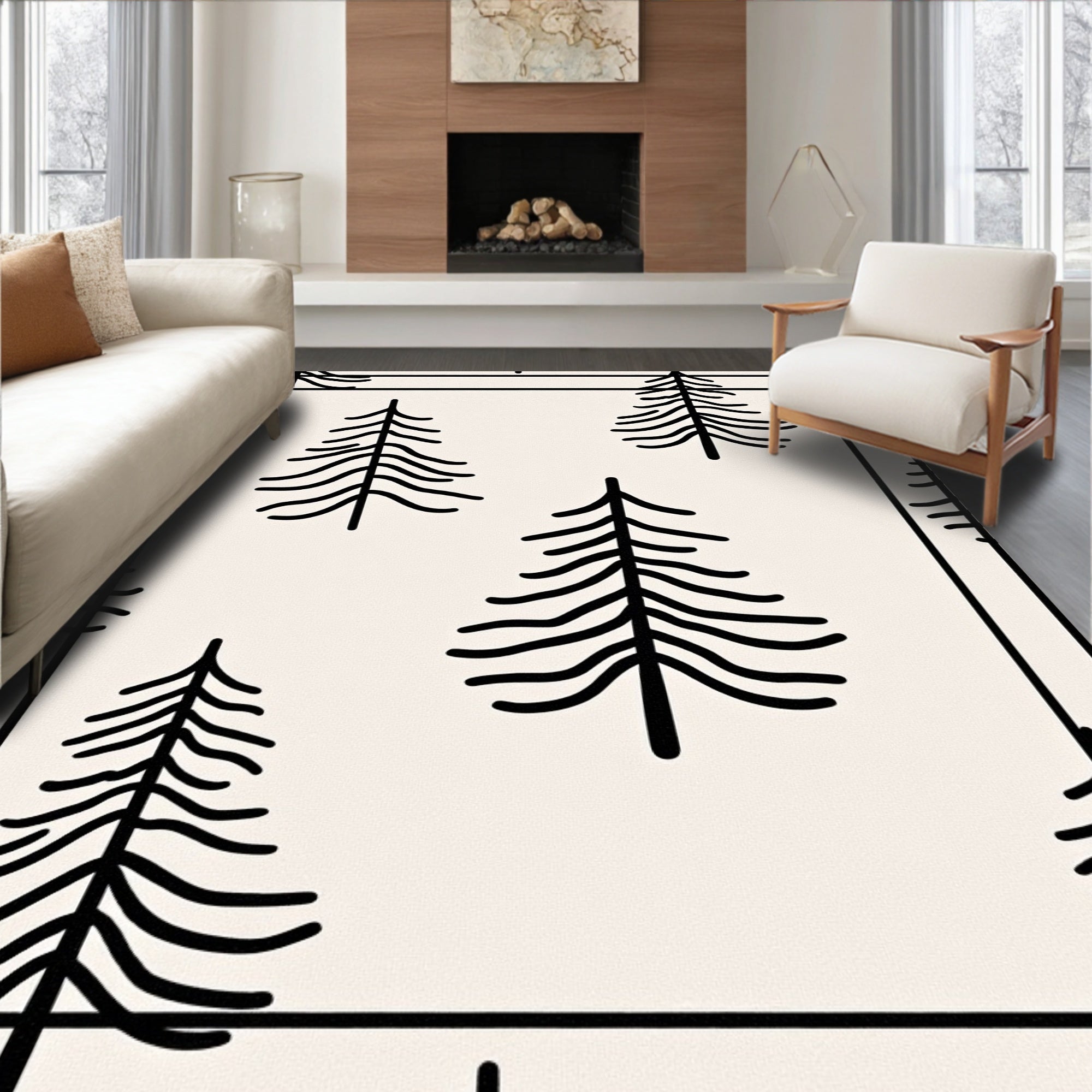 Minimalist Black Pine Trees Cream Rug