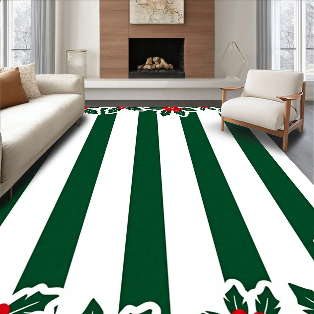 Classic Green White Holly Stripes Rug