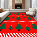 Festive Green Christmas Trees Red Background Rug