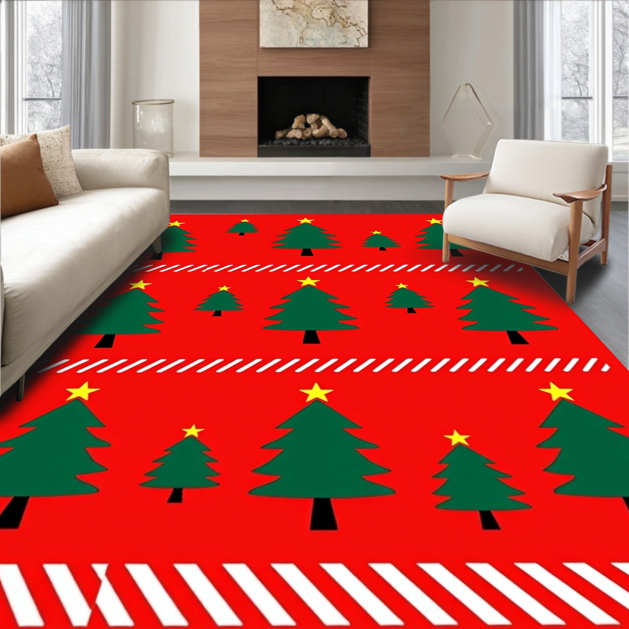 Festive Green Christmas Trees Red Background Rug
