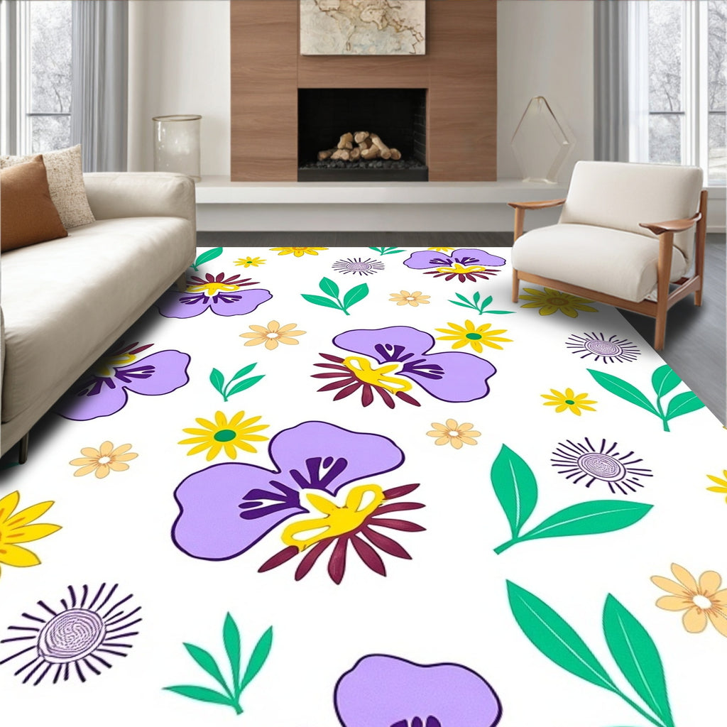 Floral Garden With Purple Pansies Yellow Flowers Rug