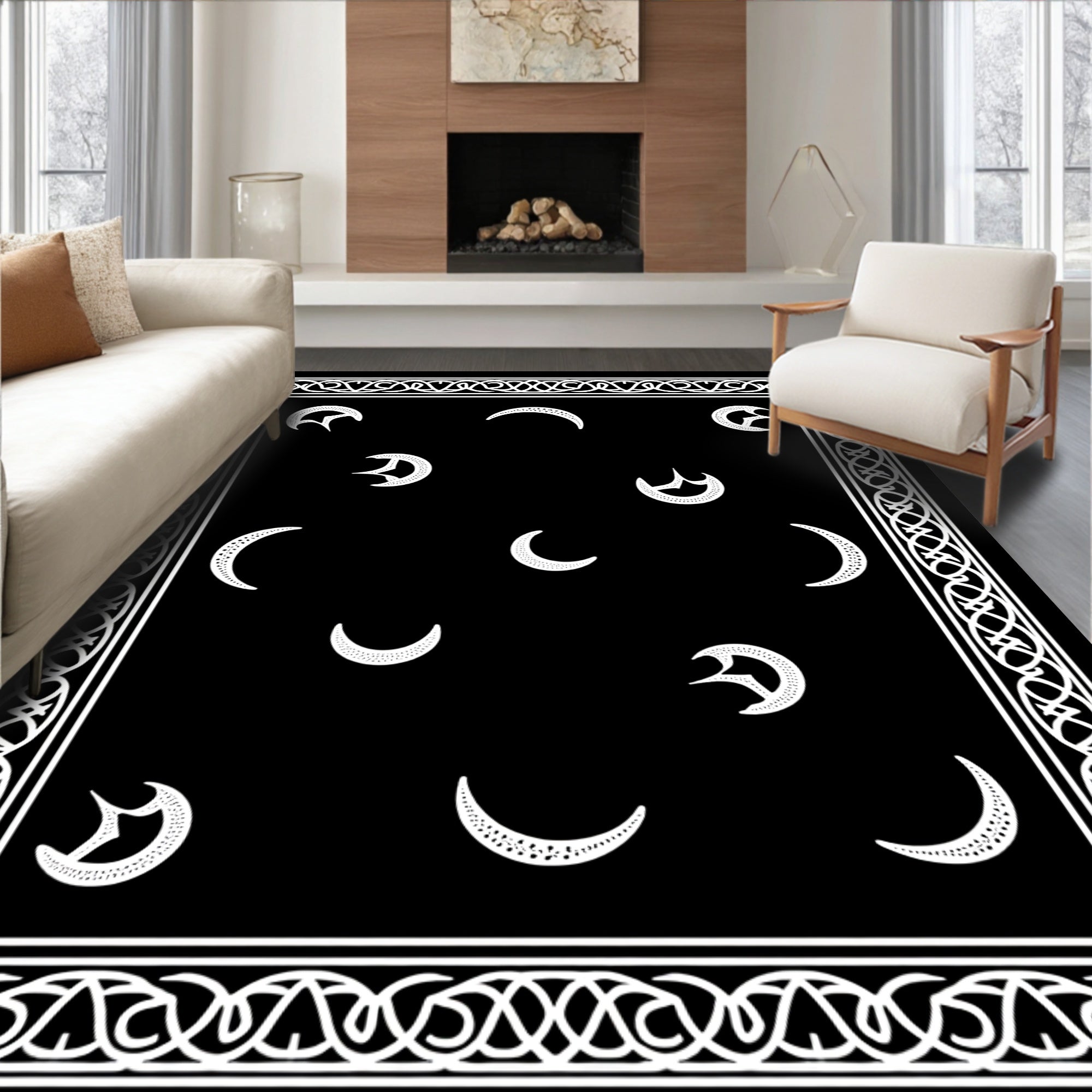 Black White Celestial Crescent Border Rug