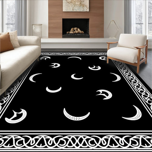 Black White Celestial Crescent Border Rug