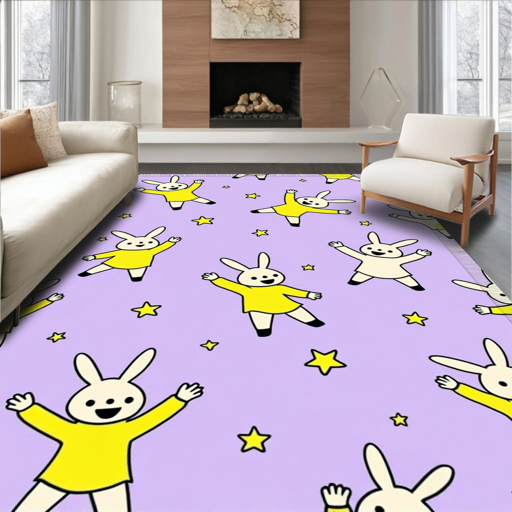 Playful Yellow Bunnies Stars Lavender Rug