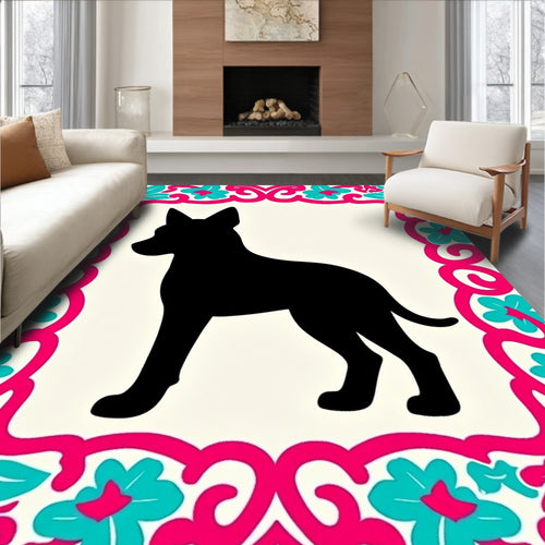 Black Dog Floral Border Rug