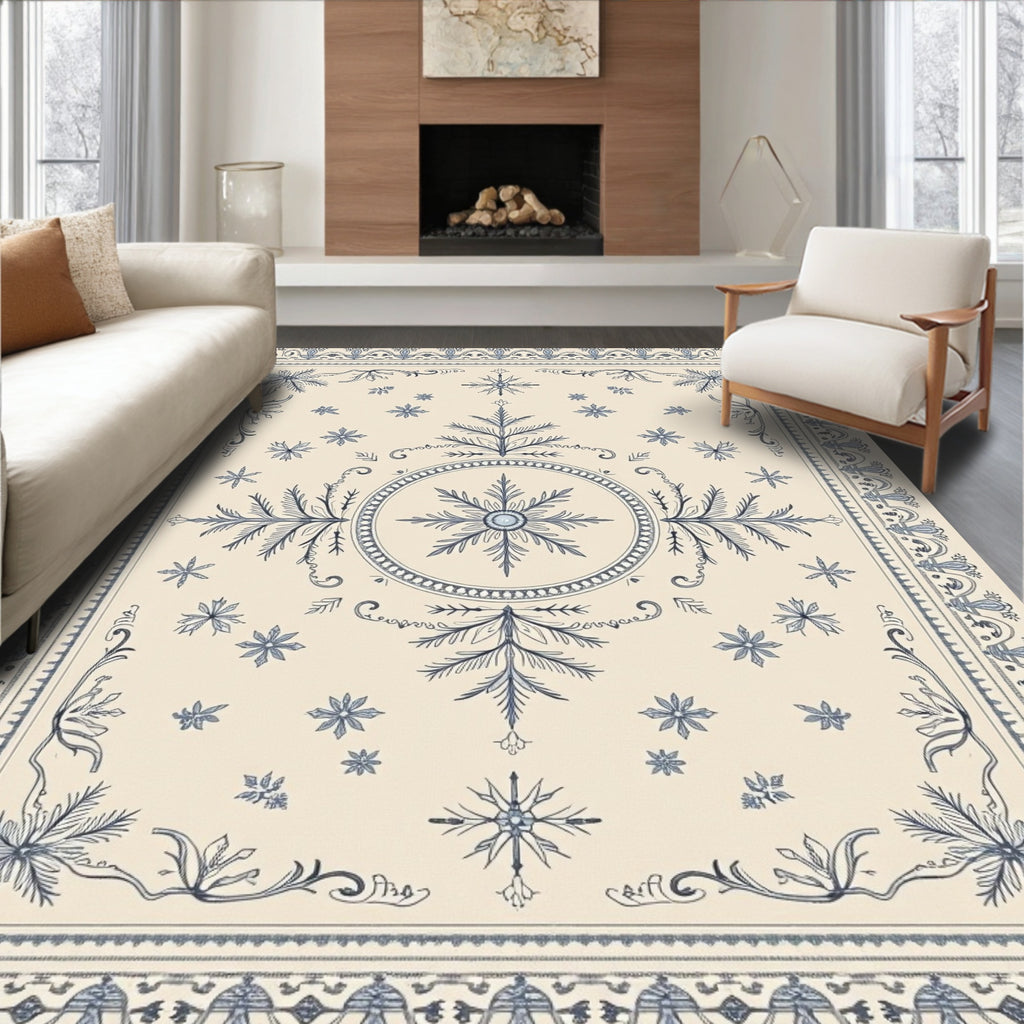 Cream Blue Floral Medallion Border Rug