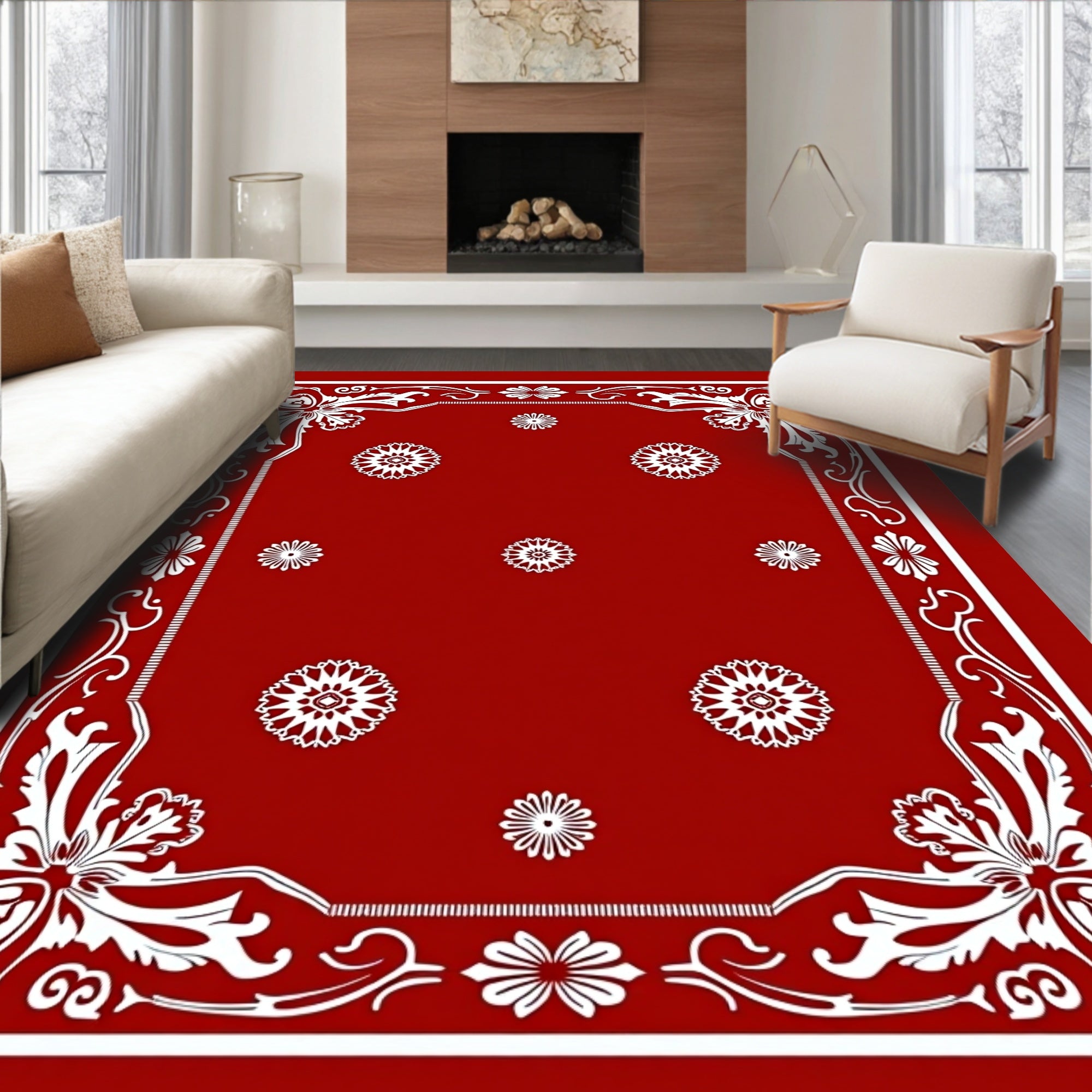 Classic Red Floral Medallion Border Rug
