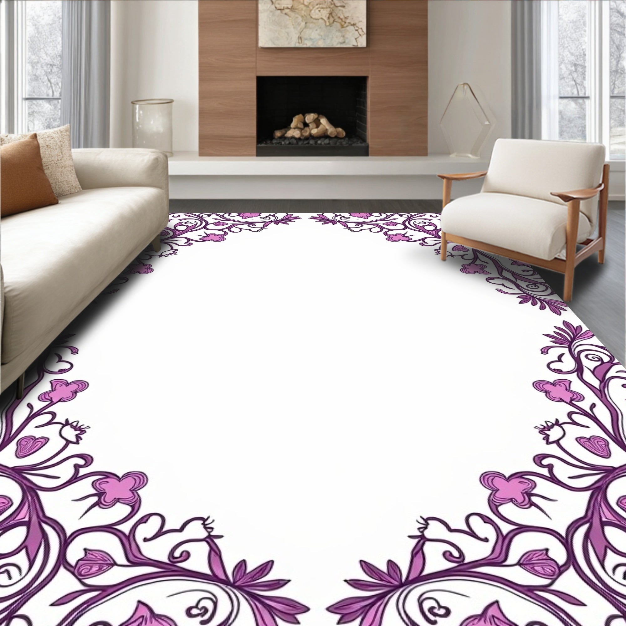 Ornate Plum Floral Swirl Border Rug