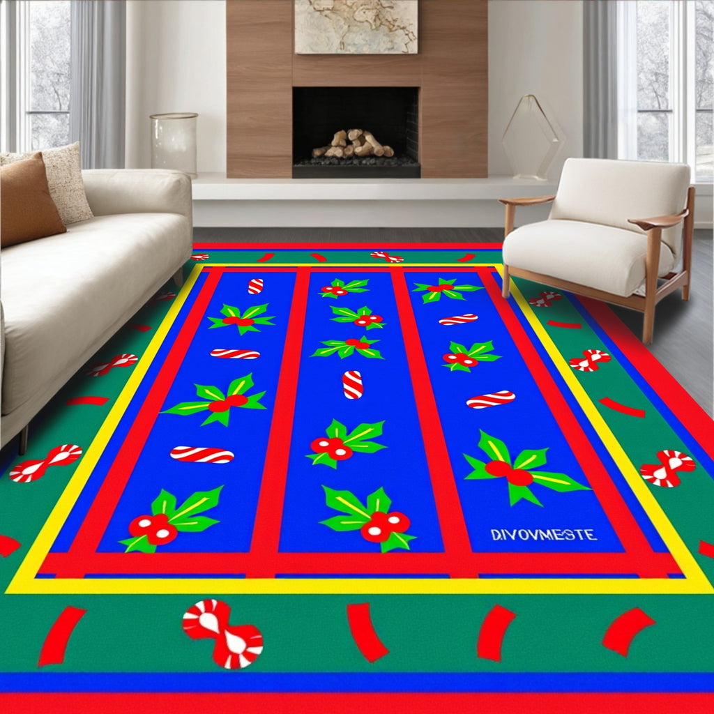 Festive Holly Candy Cane Border Rug
