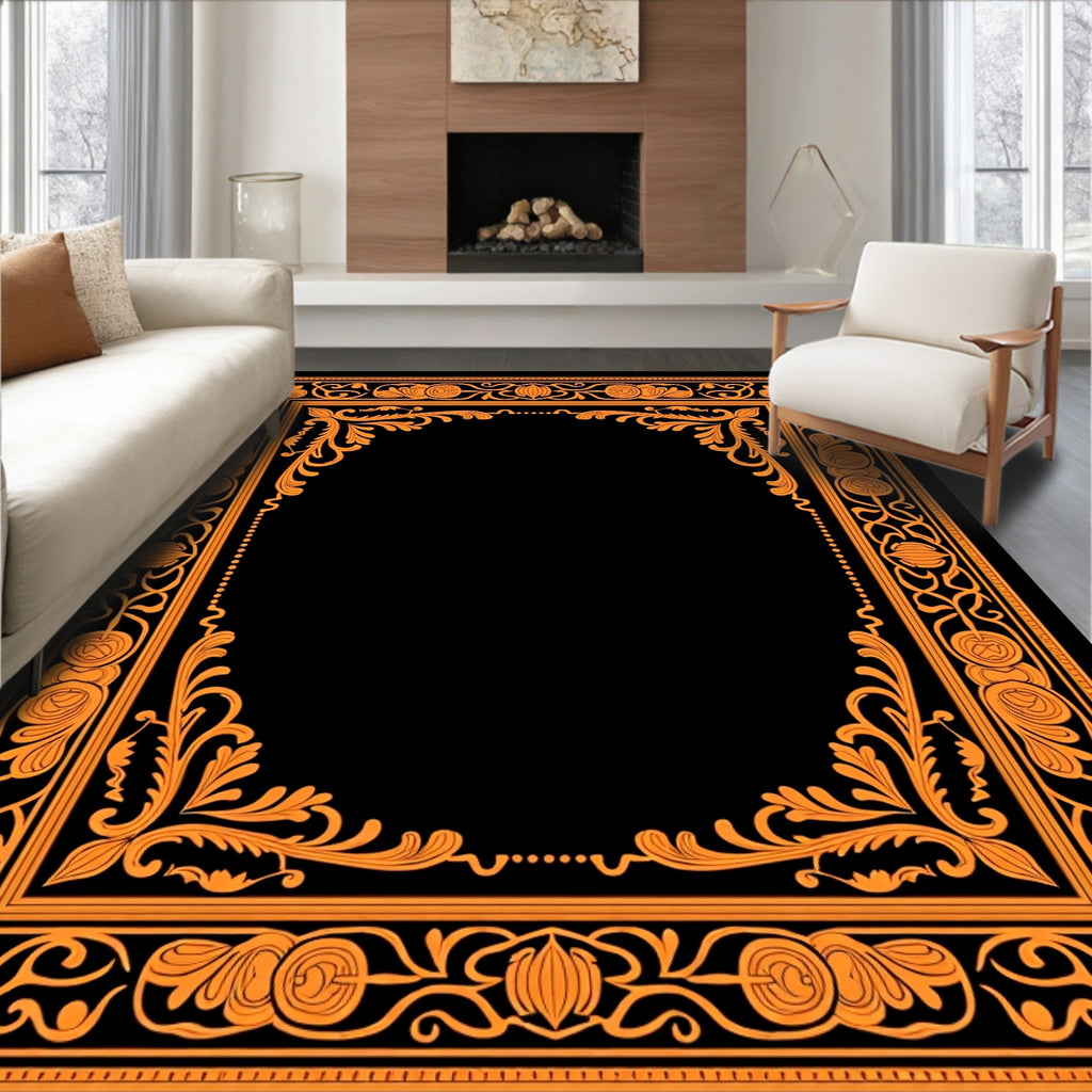 Orange Floral Scroll Frame Rug