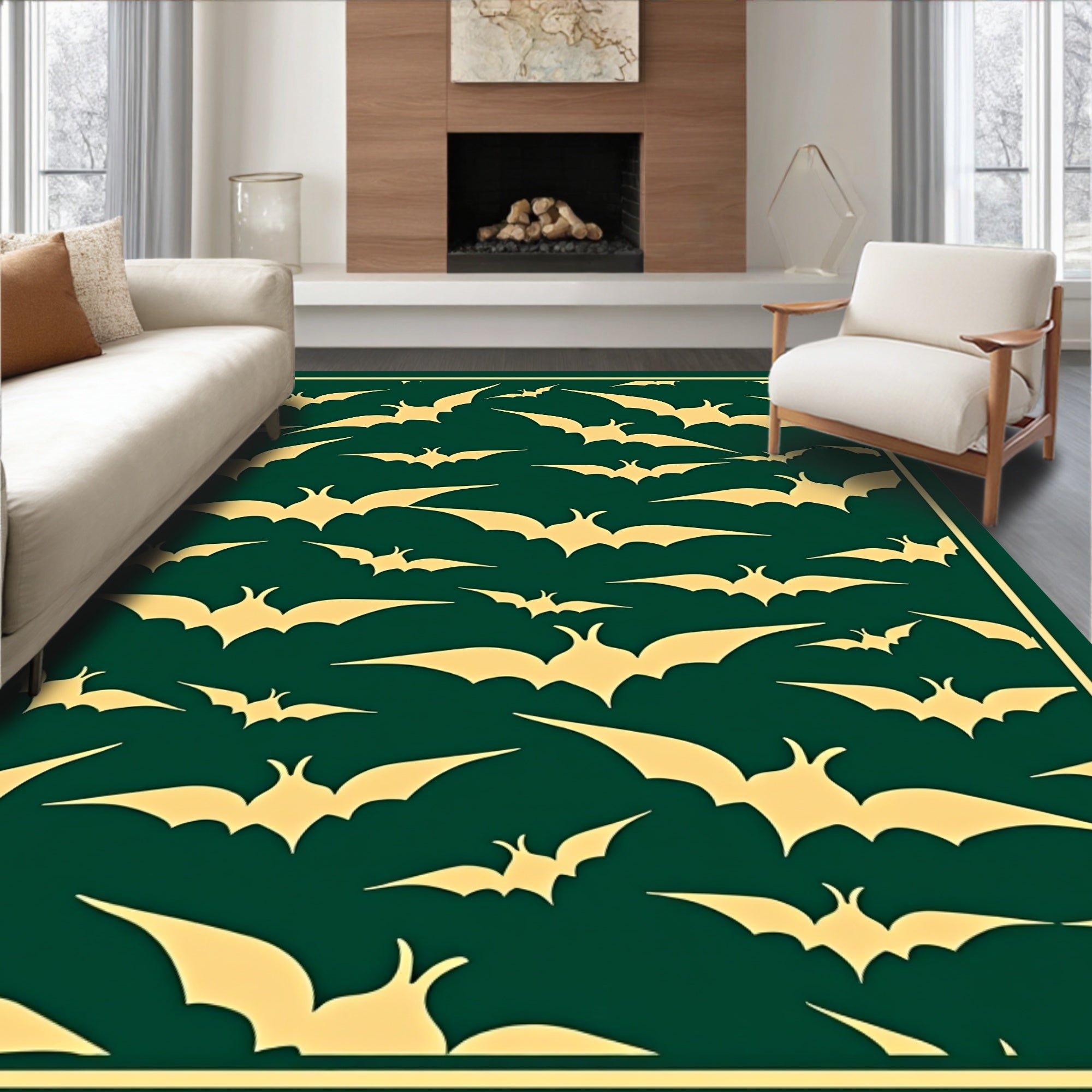 Golden Bats Fluttering Dark Teal Canvas Rug