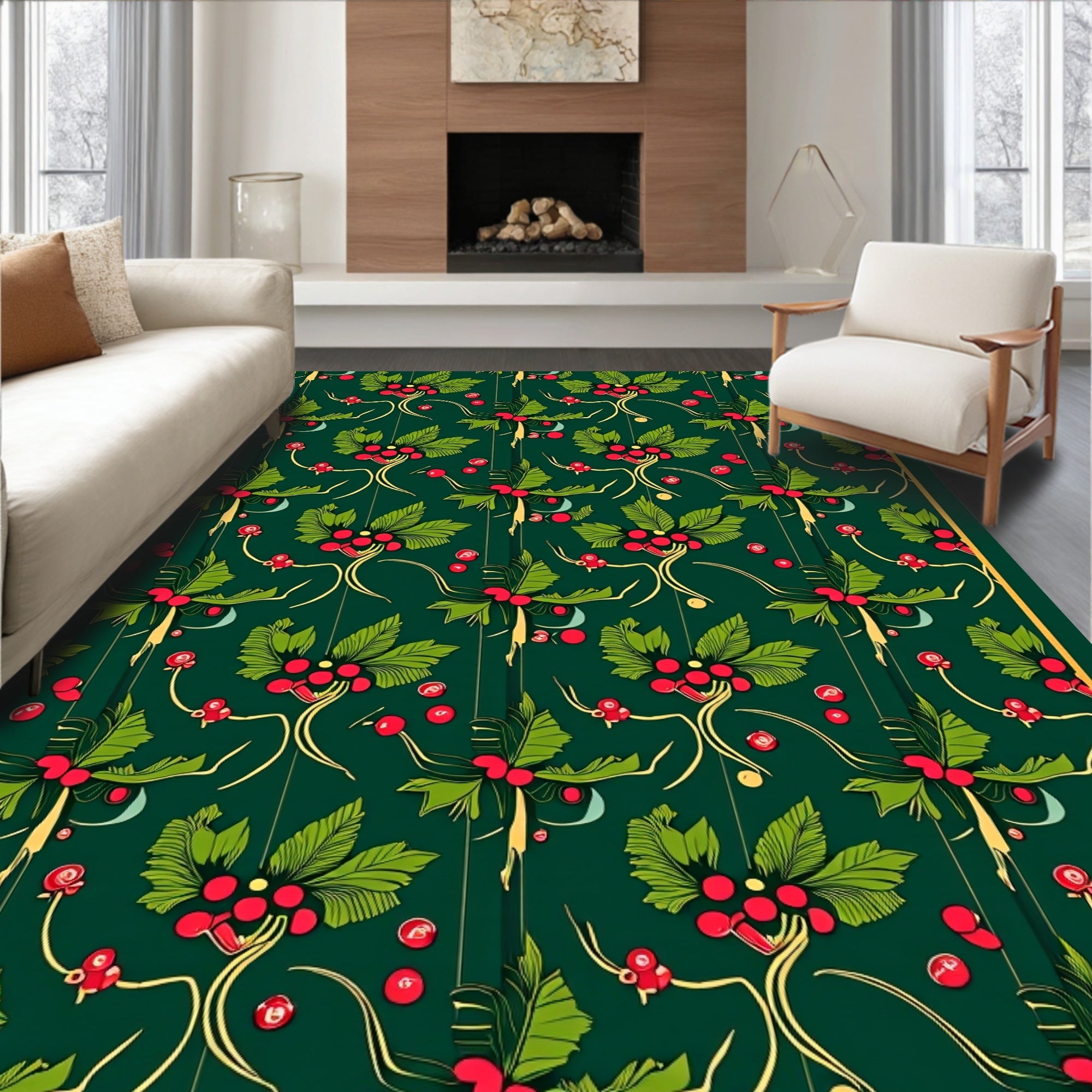 Dark Green Holly Berry Garland Rug