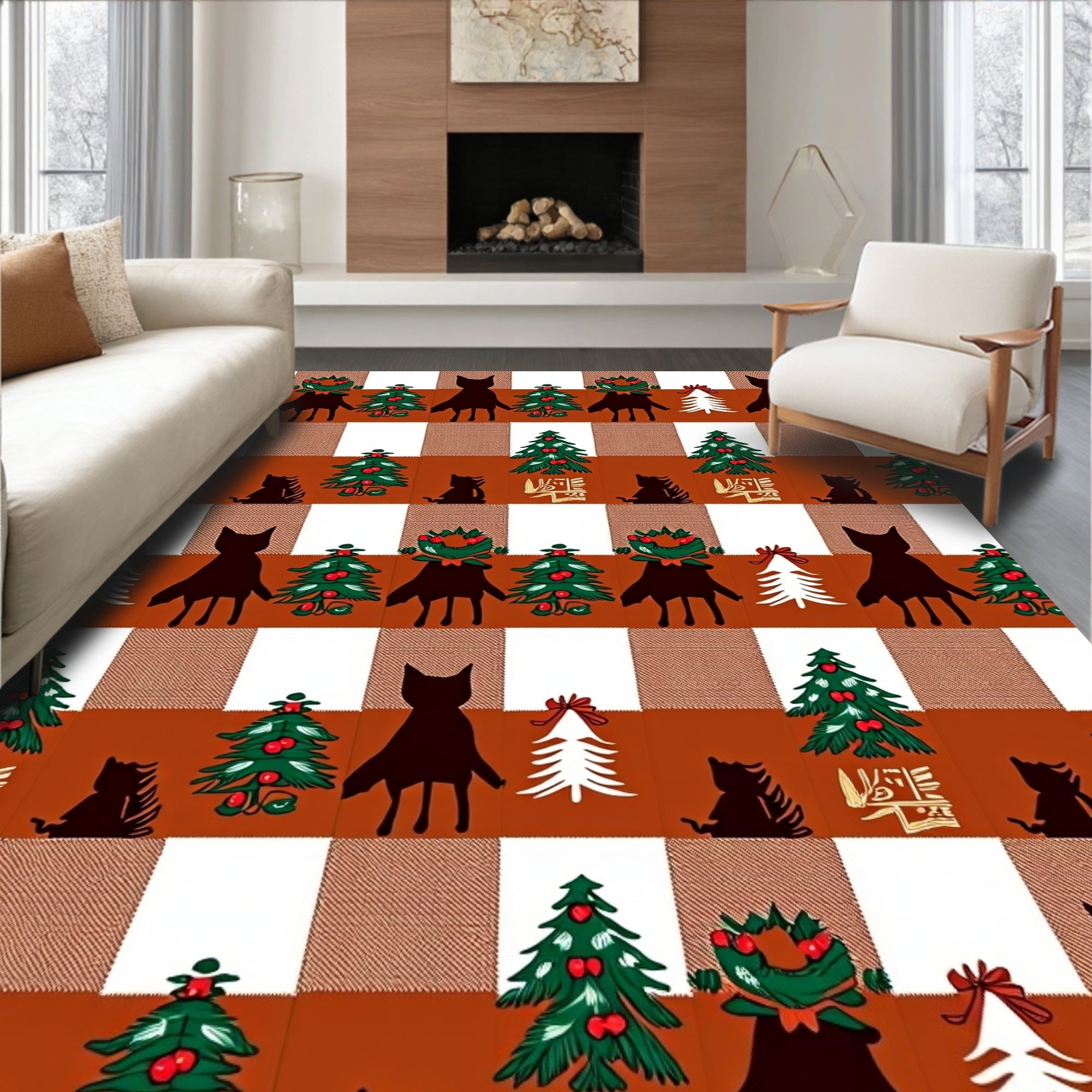 Festive Cats Christmas Trees Wreaths Buffalo Rug