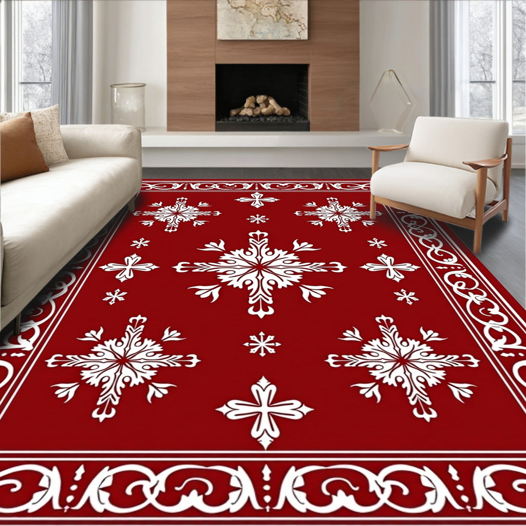 Crimson White Floral Scroll Overlay Rug