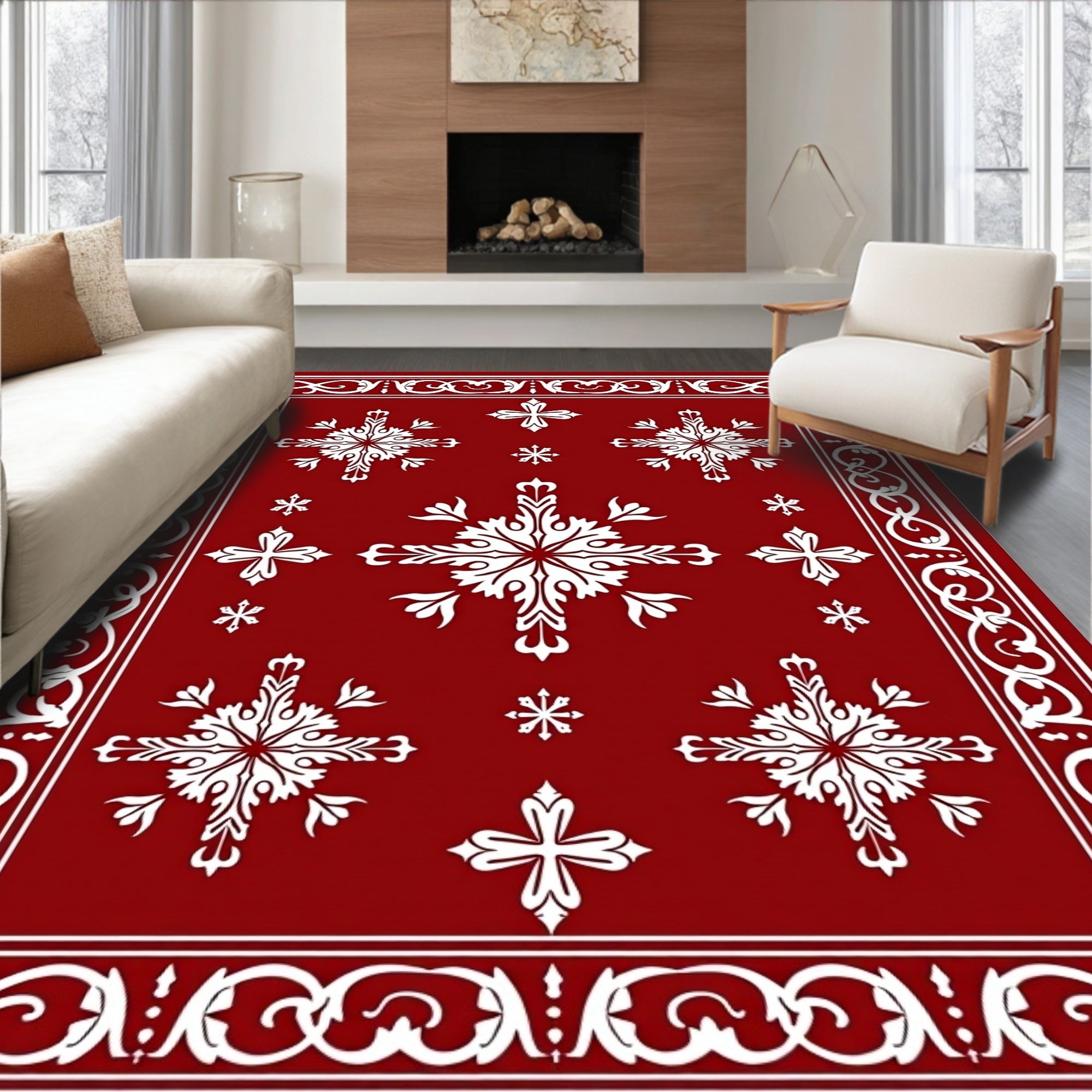 Crimson White Floral Scroll Overlay Rug