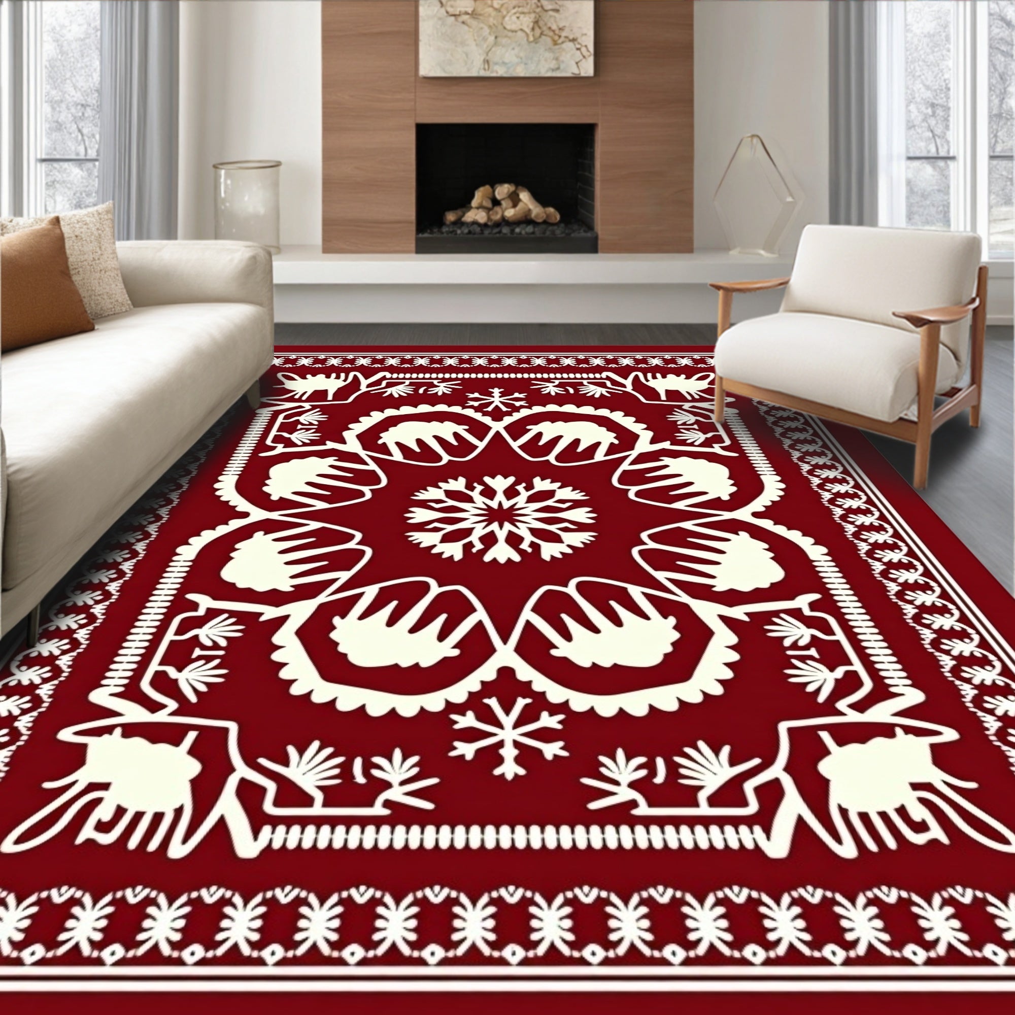 Deep Red Folk Art Snowflakes Rug