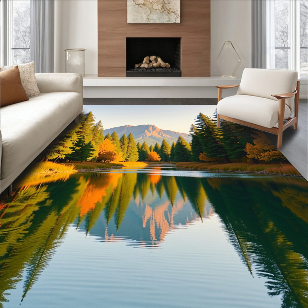 Golden Autumn Forest River Reflection Rug