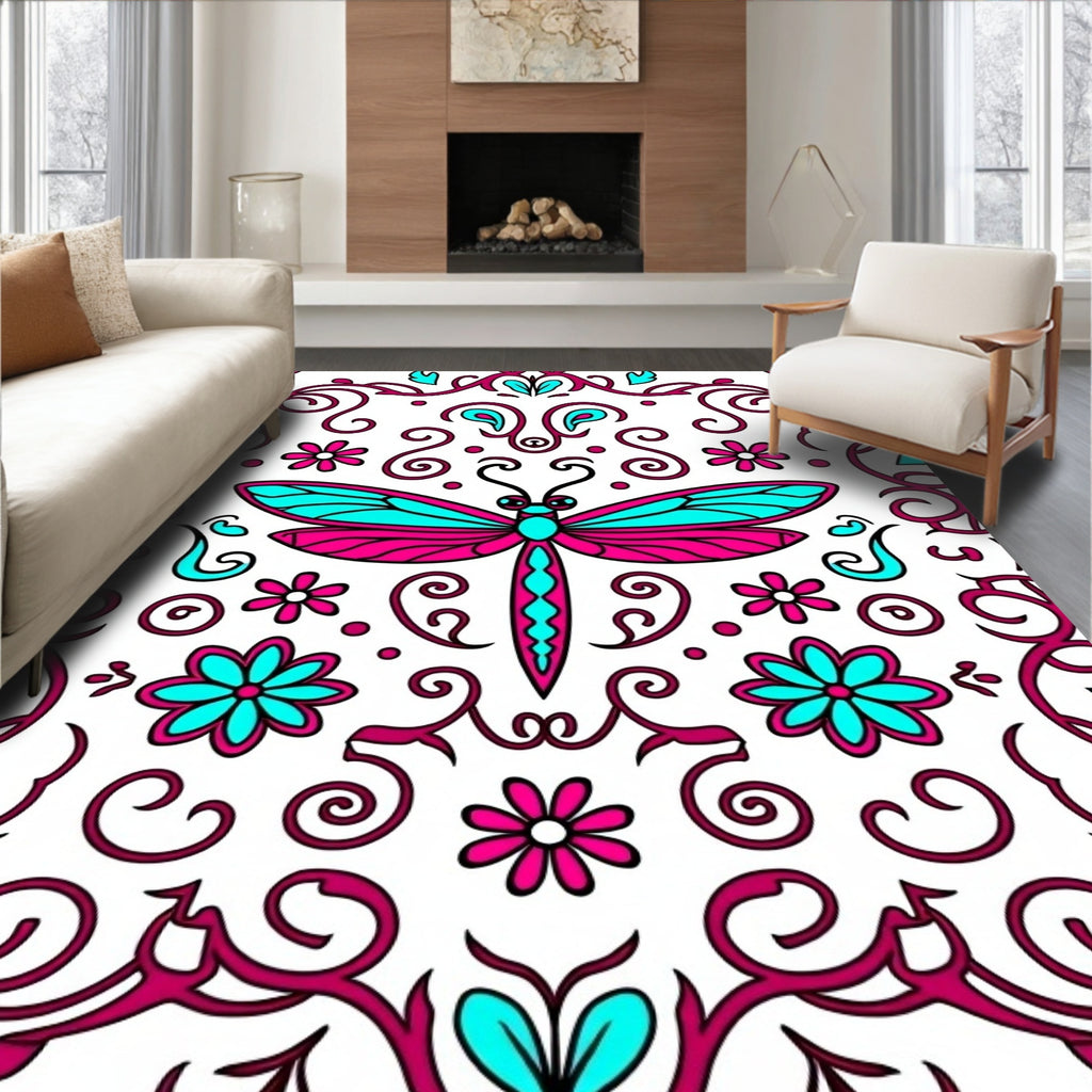 Hot Pink Turquoise Dragonfly Floral Scroll Rug