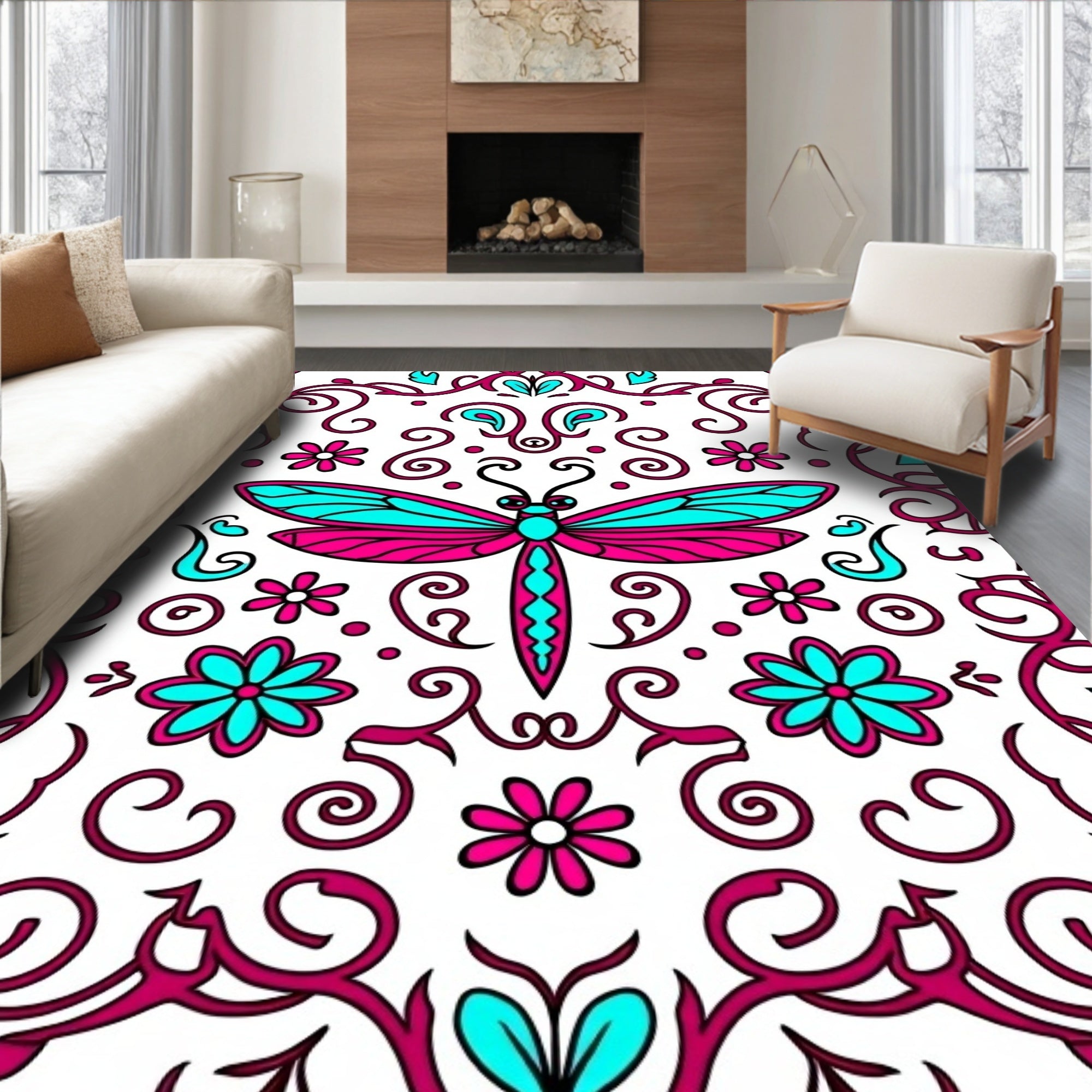 Hot Pink Turquoise Dragonfly Floral Scroll Rug