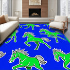 Vibrant Green Horses On Royal Blue Rug