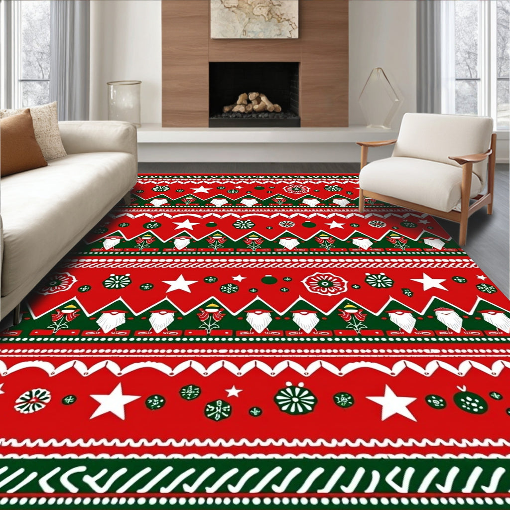 Red Green Festive Gnome Stars Ornaments Rug