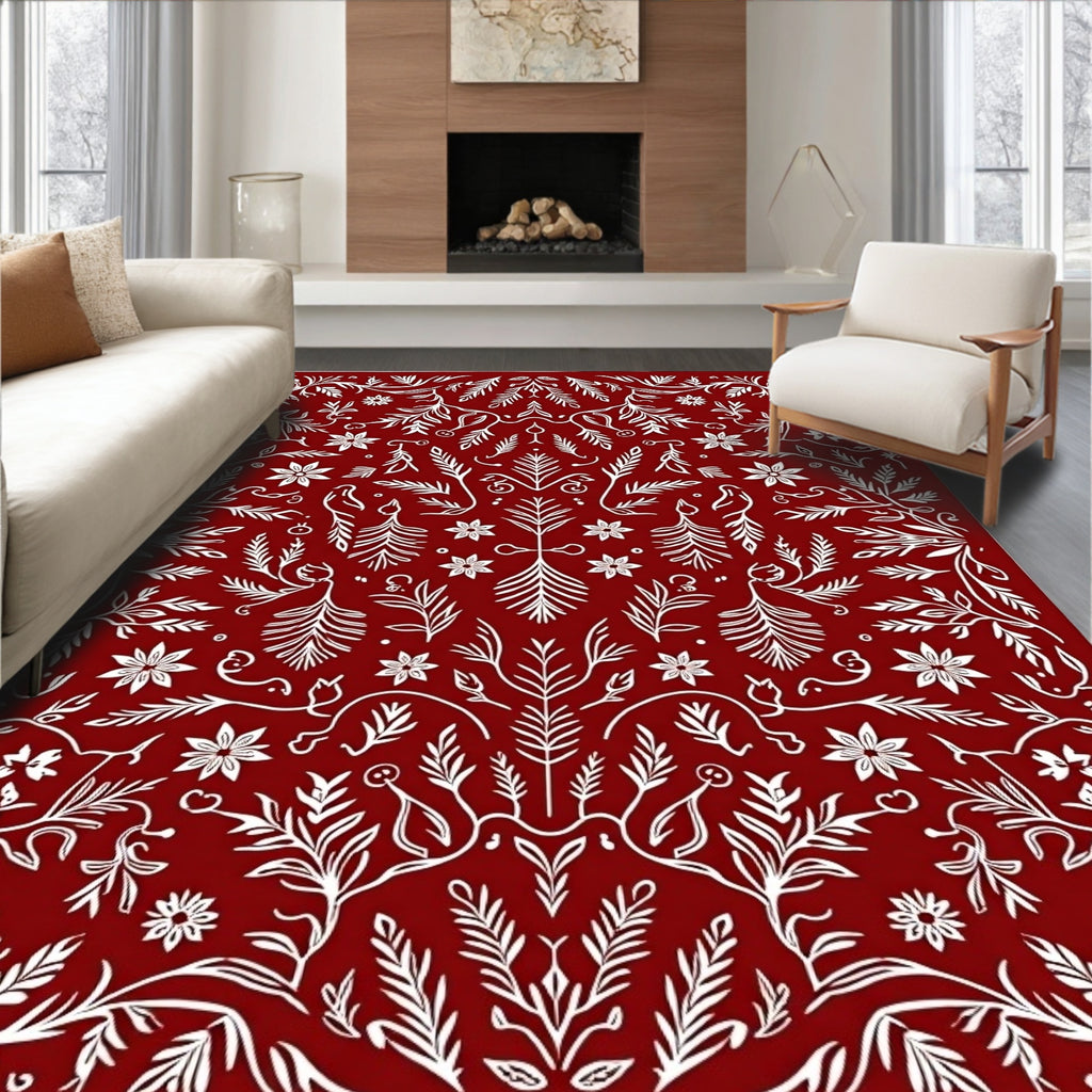 Crimson White Floral Botanical Symmetry Rug