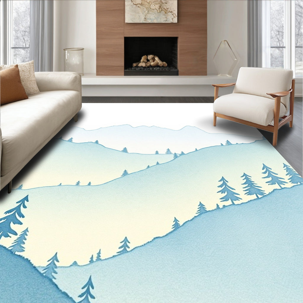 Misty Mountain Woodland Silhouette Trees Rug