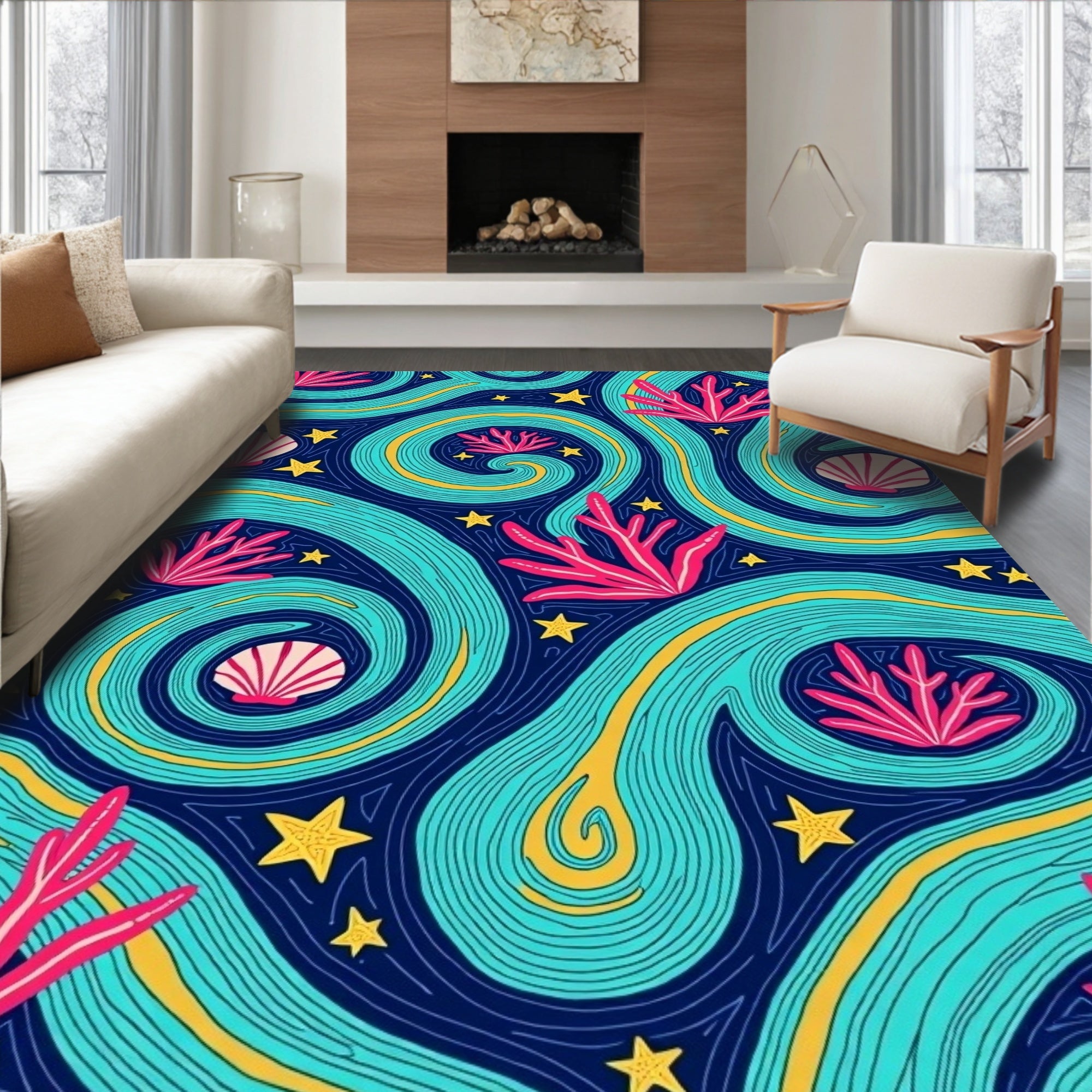 Sea Coral Swirl Yellow Star Rug