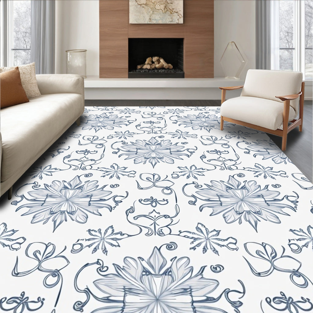 Elegant Blue Floral Scrollwork Rug