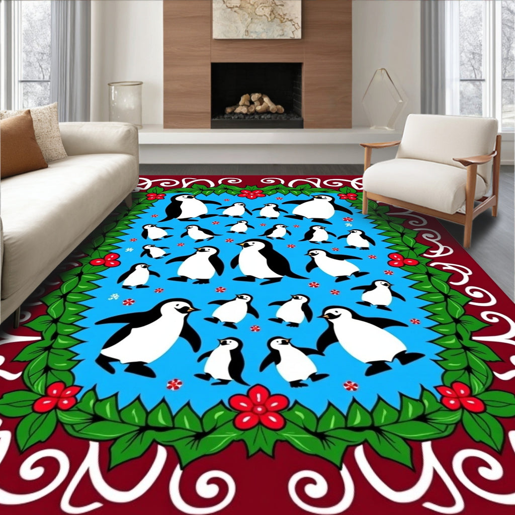 Cheery Black White Penguins Holly Border Rug
