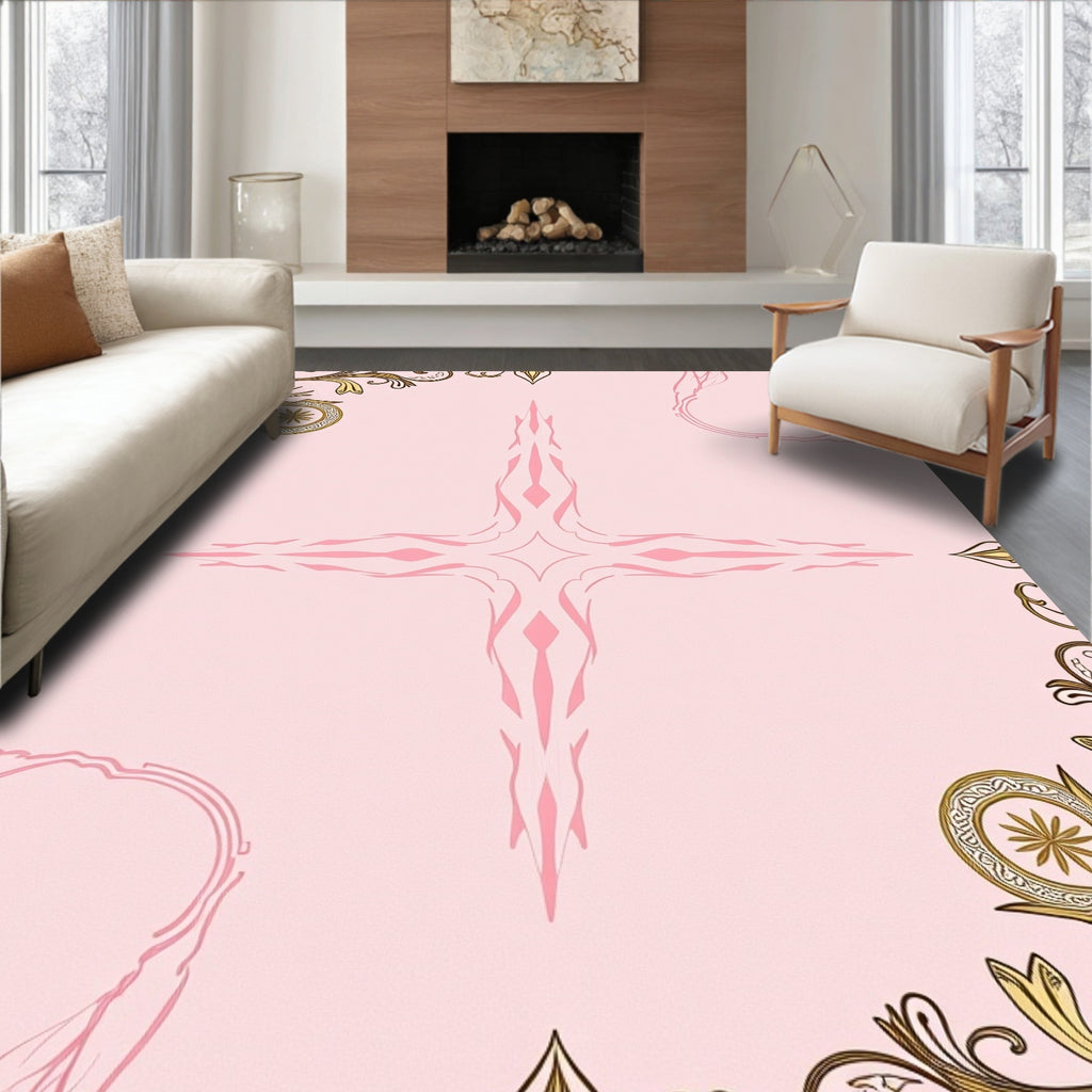 Elegant Pink Gold Floral Medallion Rug