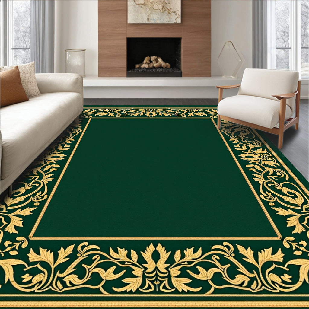Gold Floral Border Emerald Green Rug