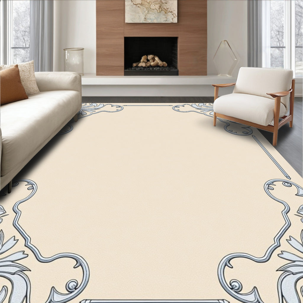 Elegant Silver Scrollwork Corner Motif Rug
