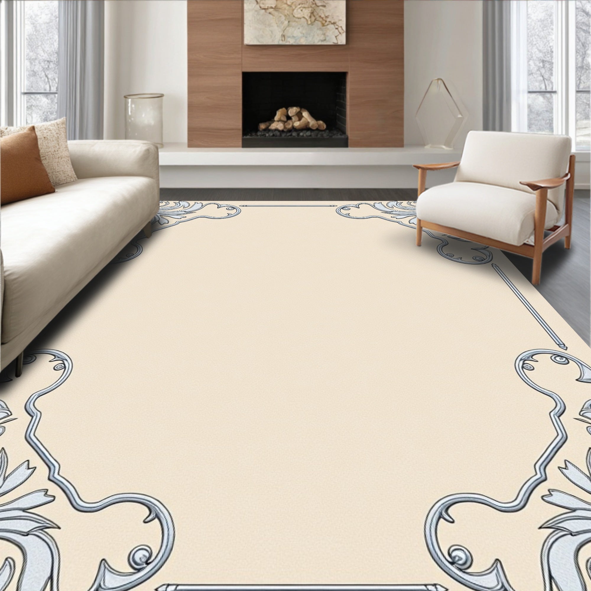 Elegant Silver Scrollwork Corner Motif Rug