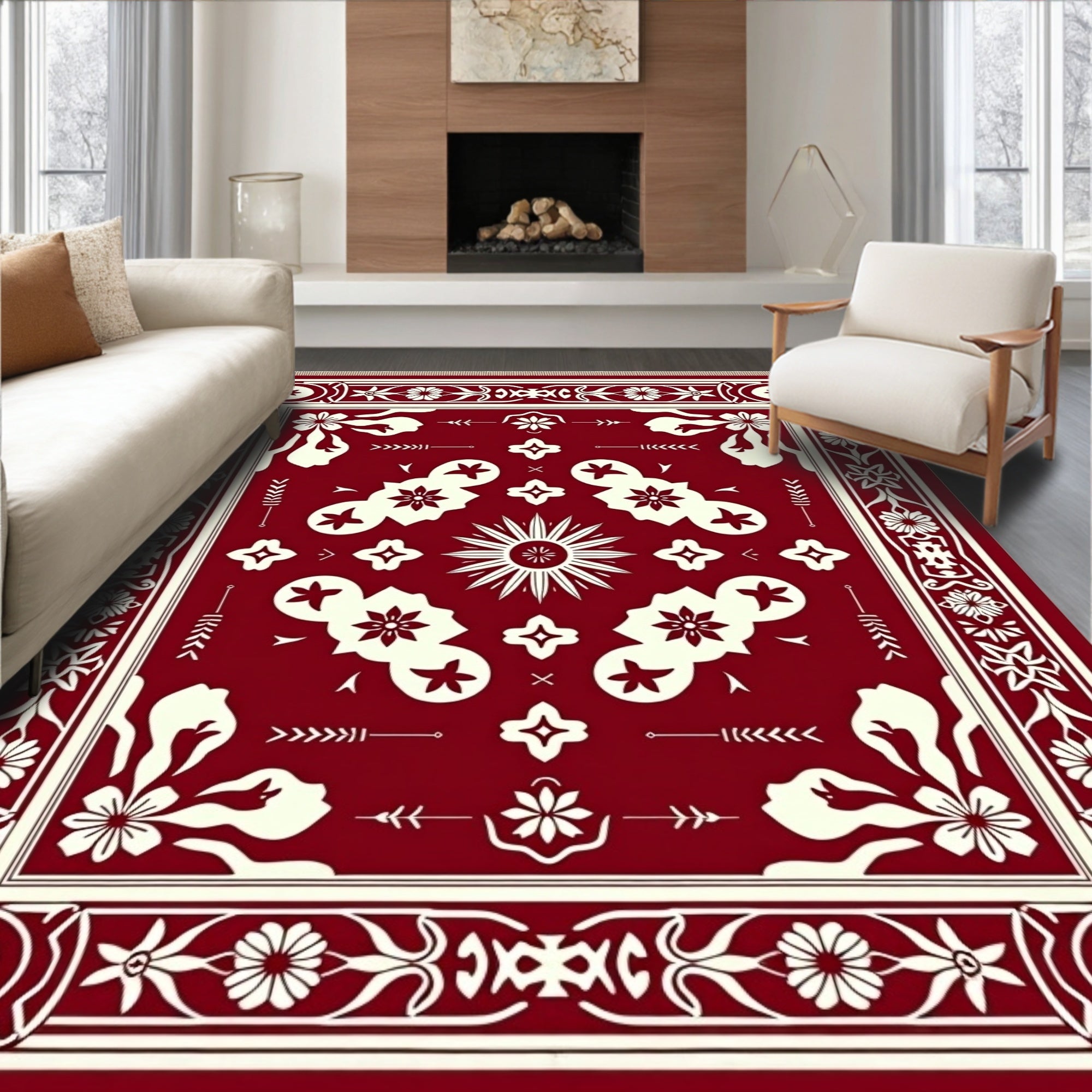 Crimson Ivory Floral Sunburst Rug