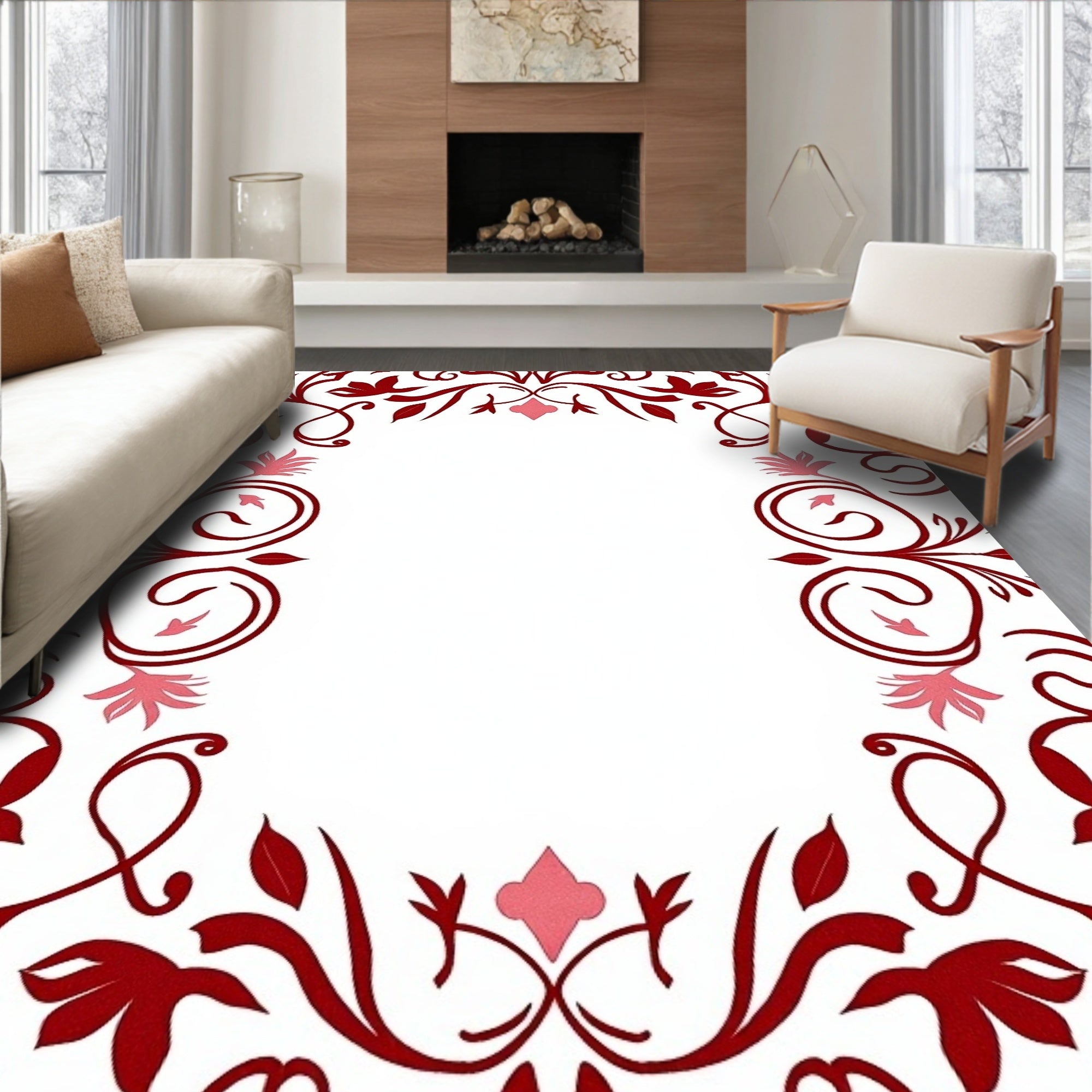 Crimson Swirl Floral Frame Rug