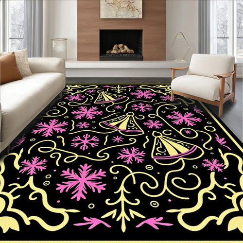 Black Gold Pink Festive Bell Snowflakes Rug