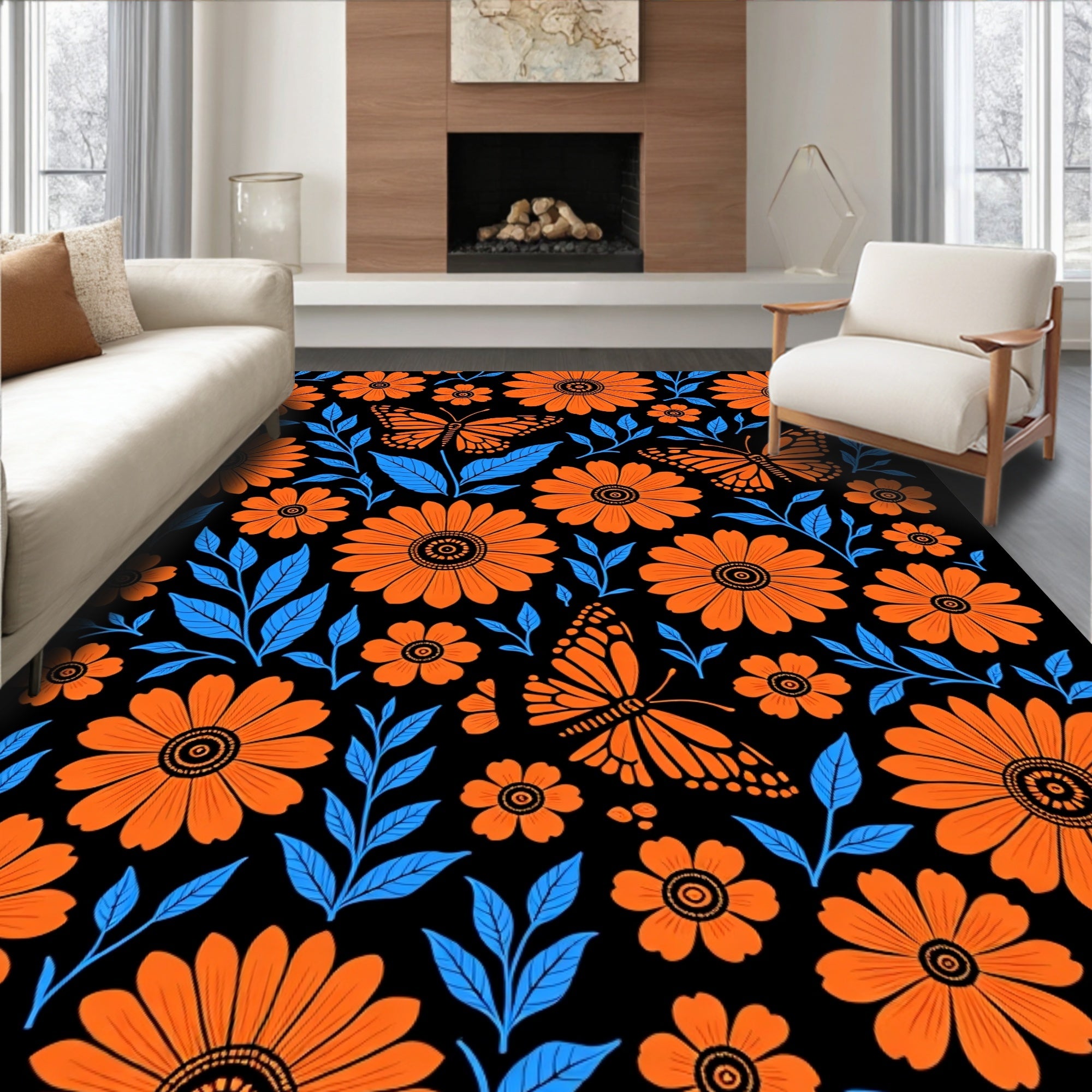 Bright Orange Monarch Butterfly Floral Rug