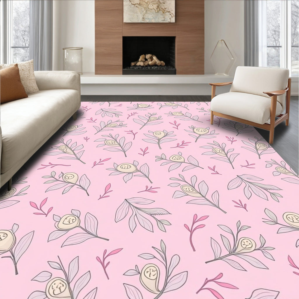 Soft Pink Floral Branches Whimsical Rug