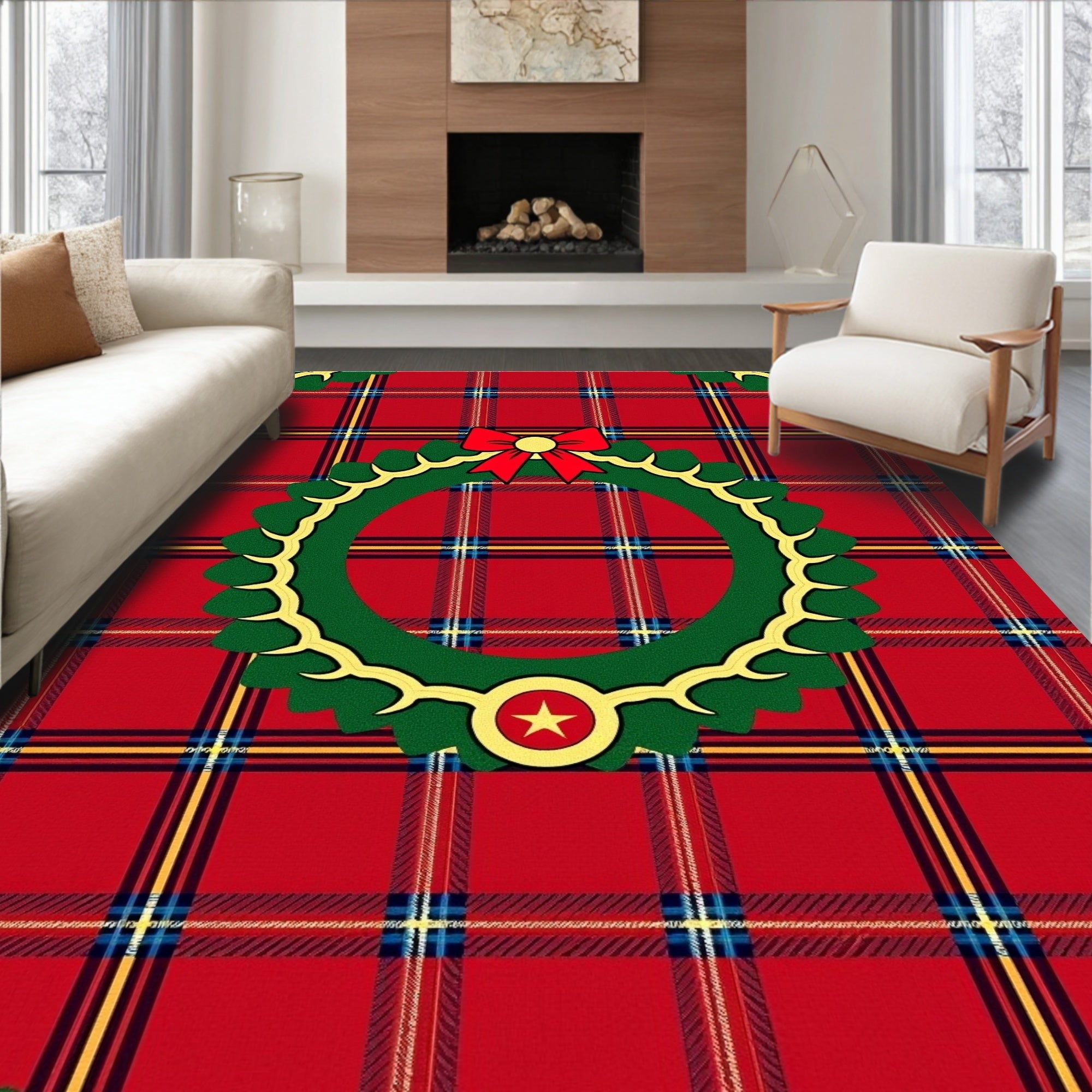 Festive Red Plaid Christmas Wreath Rug