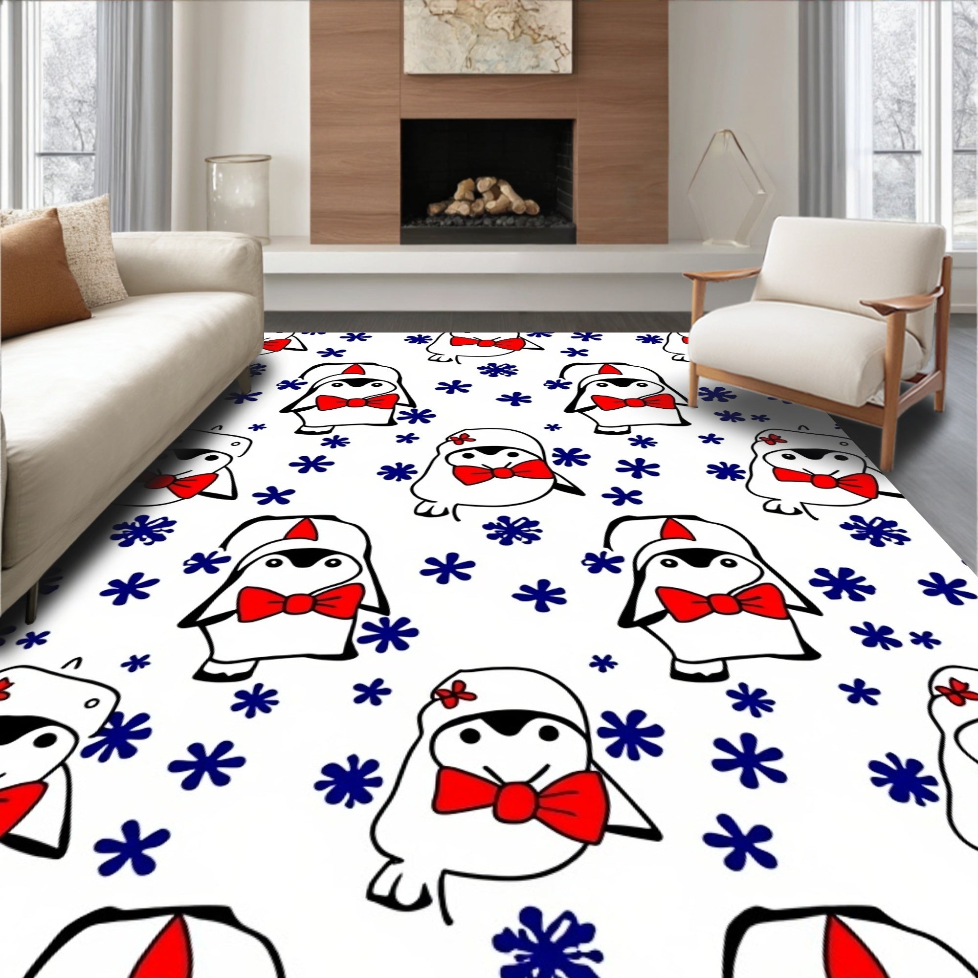 Festive Red Bow Penguin Snowflakes Rug