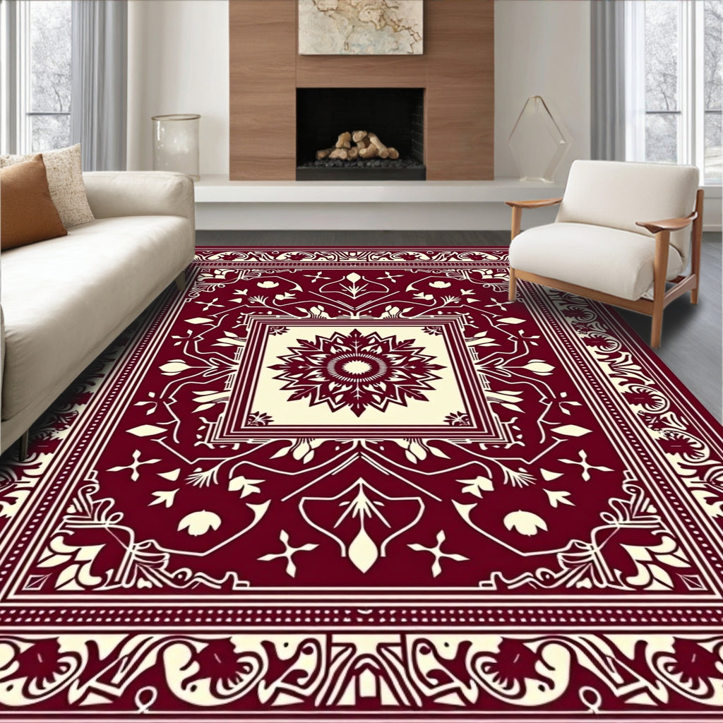 Crimson and Cream Medallion Border Rug