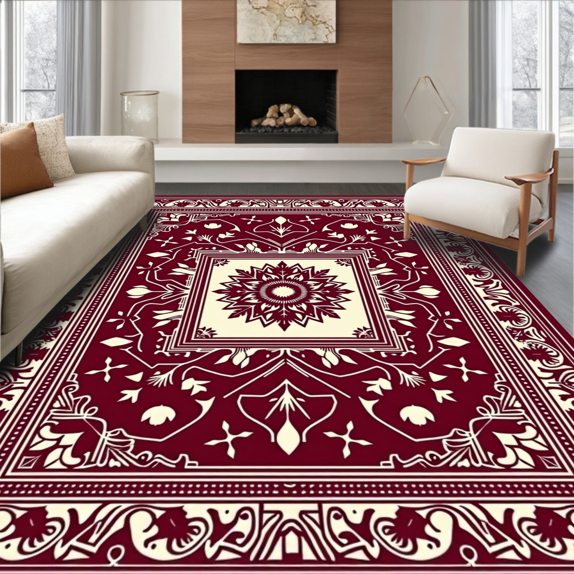 Crimson and Cream Medallion Border Rug