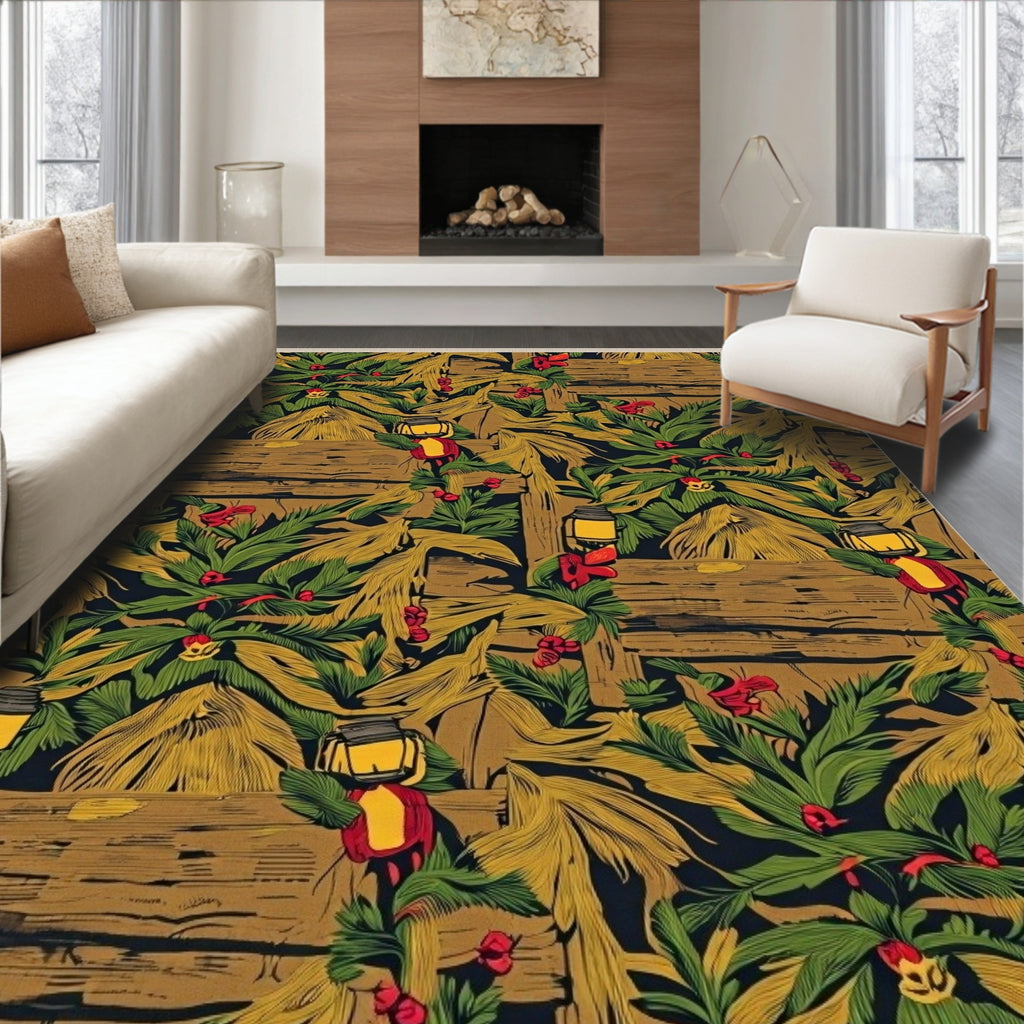 Rustic Jungle Lantern Tropical Foliage Rug