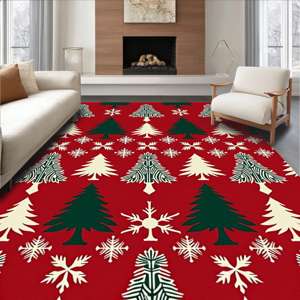 Festive Red Pine and Snowflake Repeat Rug